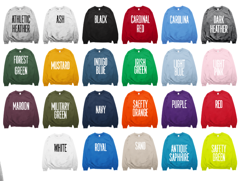 Size chart and color options for sweatshirts with a gray sweatshirt on a white background.
