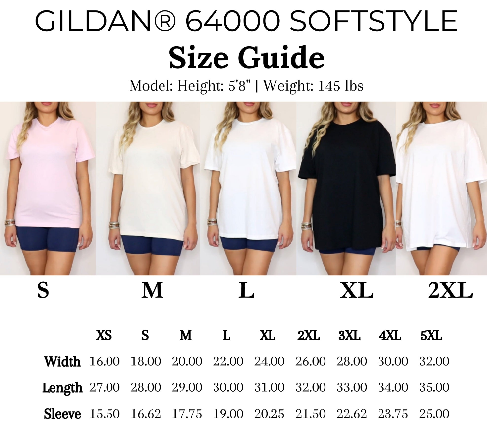 Gildan 64000 Softstyle size guide with models wearing shirts and shorts.