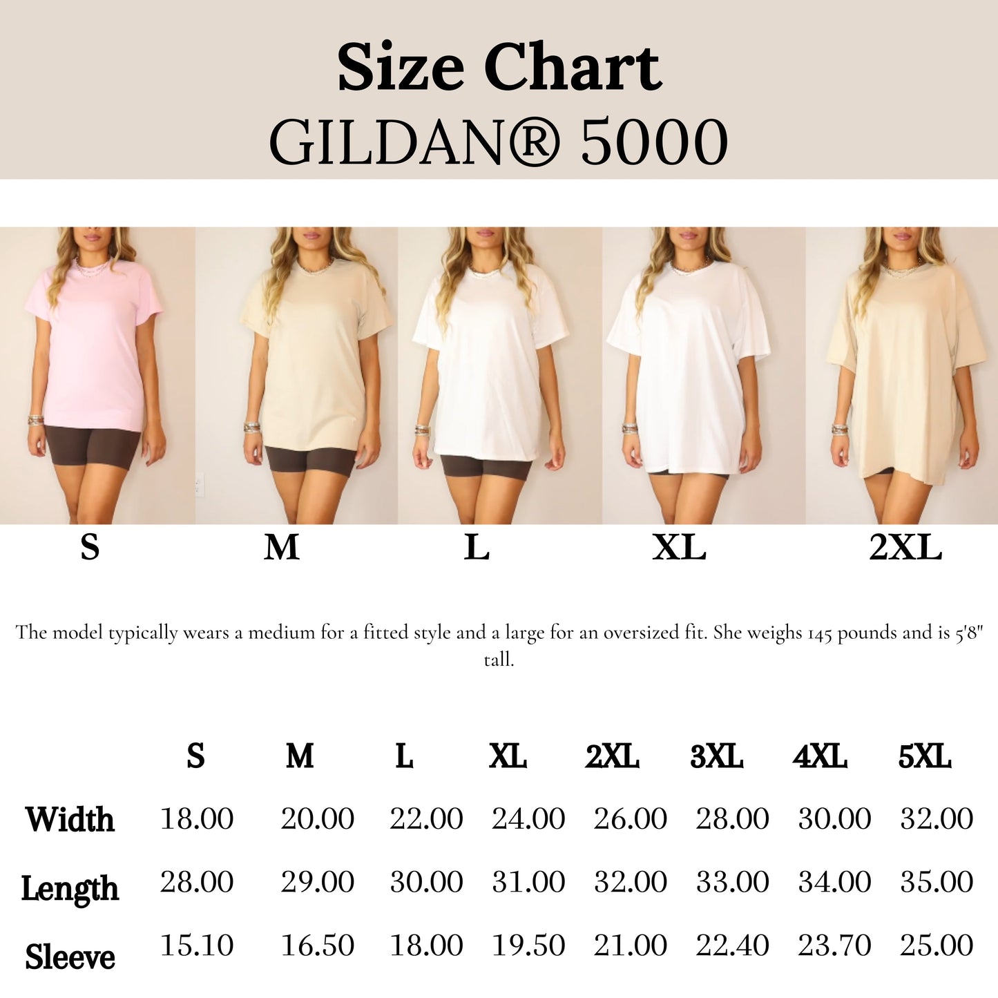 Gildan 5000 size chart showing different shirt sizes with corresponding measurements.