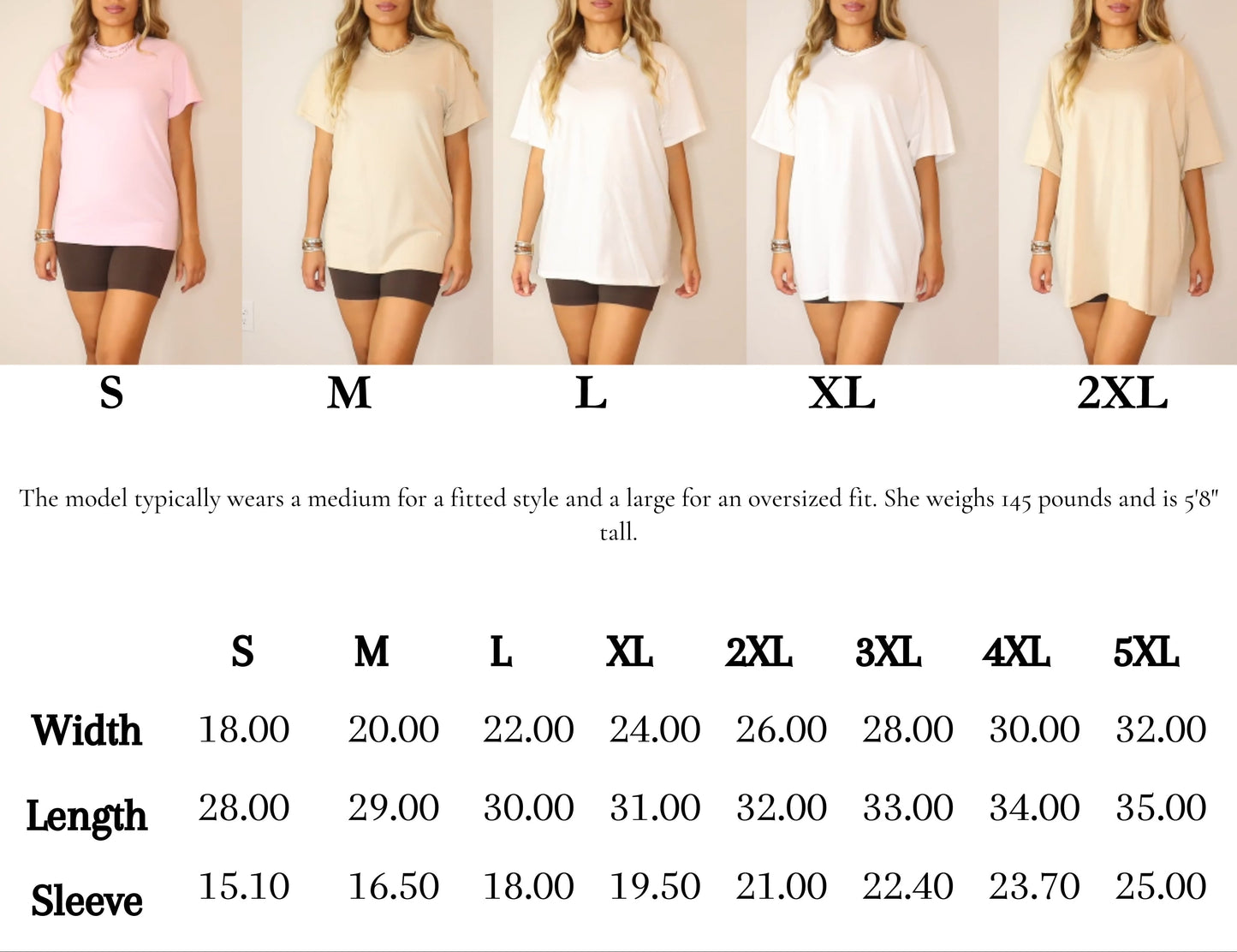 Gildan 5000 size chart showing different shirt sizes with corresponding measurements.
