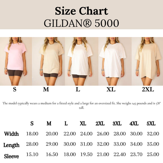 Gildan 5000 size chart showing different shirt sizes with corresponding measurements.