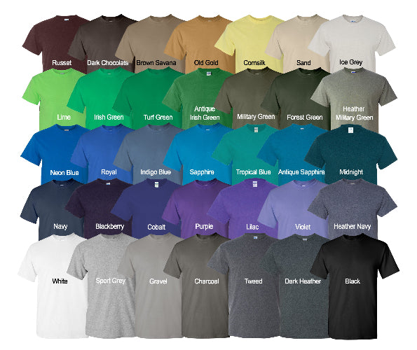Collection of t-shirts in various colors with labels on a white background