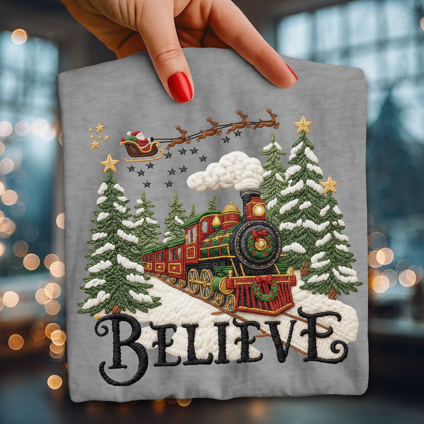 Christmas Train Believe-faux yarn graphic design