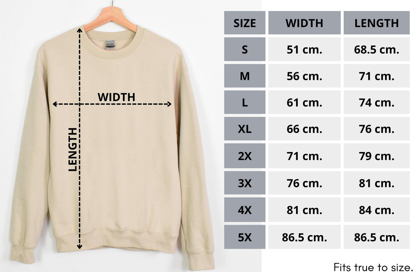 Beige sweatshirt on a hanger with size chart on a white background