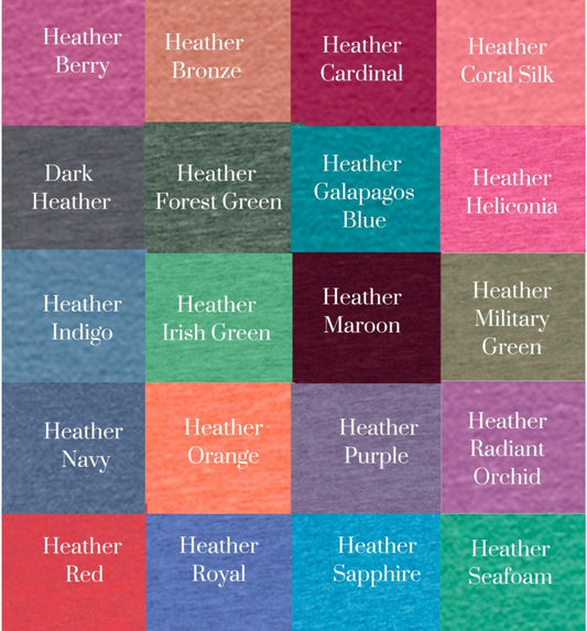 Gildan SoftStyle color chart with various heathered colors.