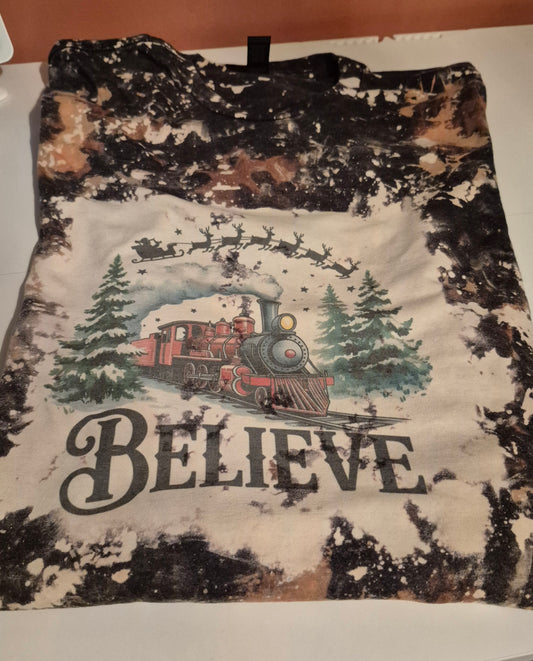 Christmas Train-Believe- Bleached Sublimation Vintage Style Design-Christmas Tops-Casual everyday wear/Holiday Tee