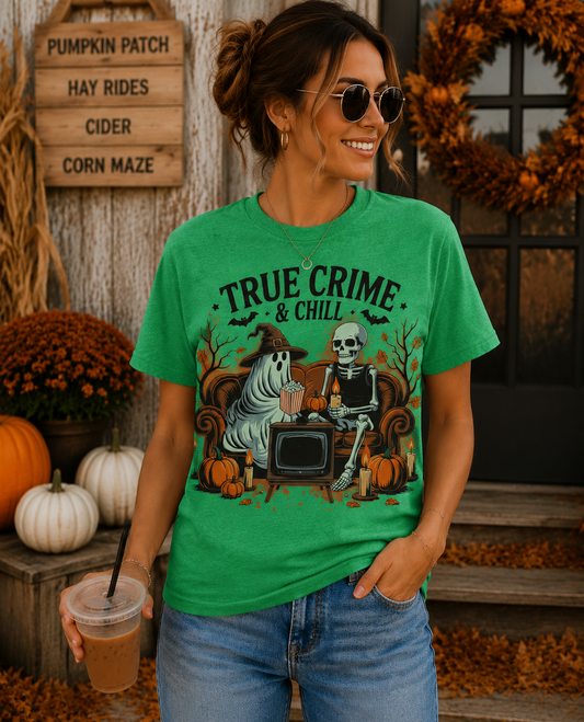 True Crime & Chill Tee-Graphic Style Design-Ghost/Skeleton/Comfy-Soft Halloween Tee