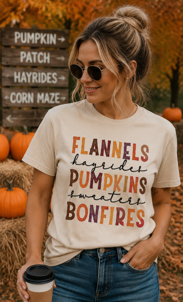 Flannels/Hayrides/Pumpkins/Sweater/Bonfires, Cozy Season, Graphic Tees/Cute Pumpkin Shirt/Everyday Comfy & Cozy Tops