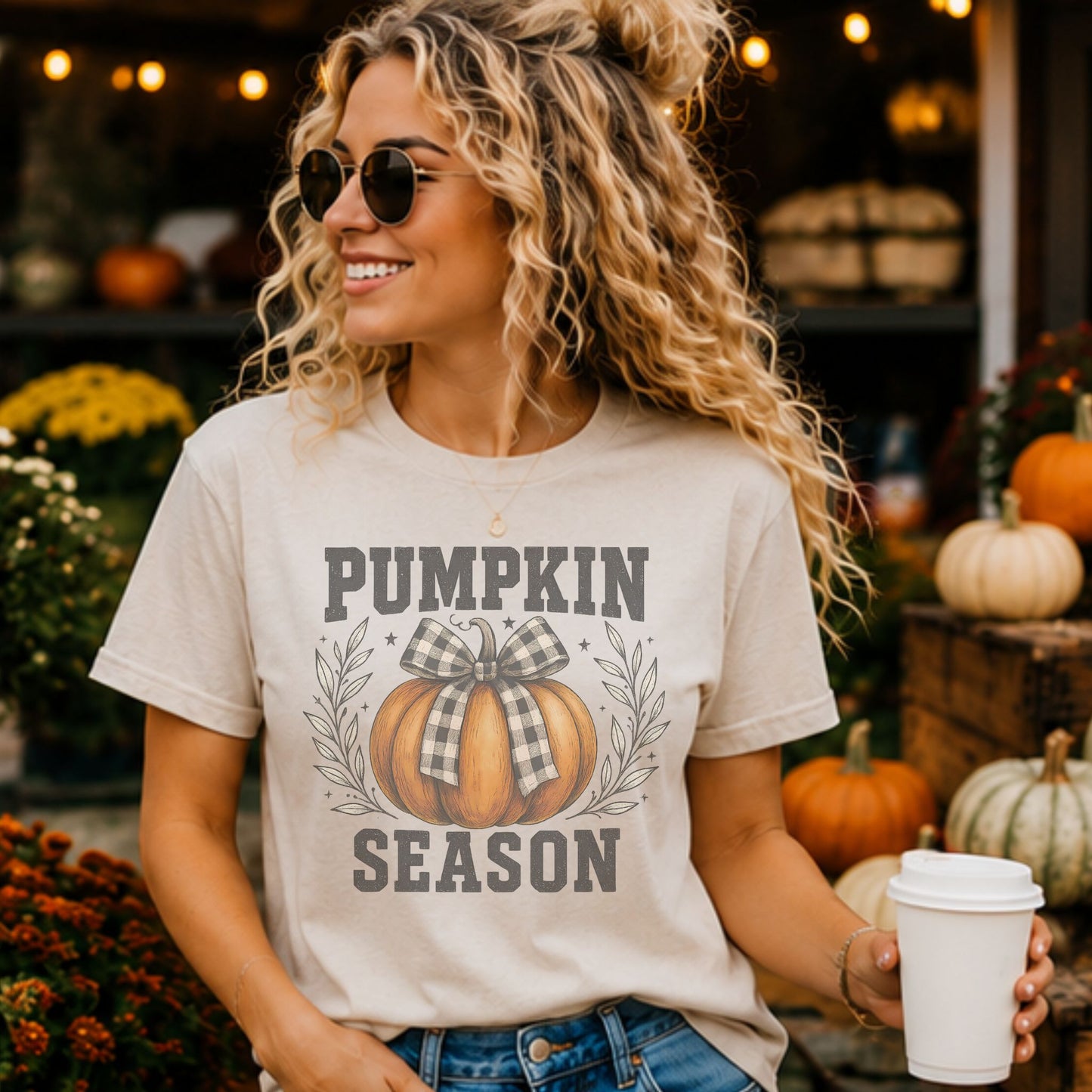 Pumpkin Season Checkered Bow- Sublimation-Vintage Style Design/Halloween T-Shirts/Everyday Fall Top