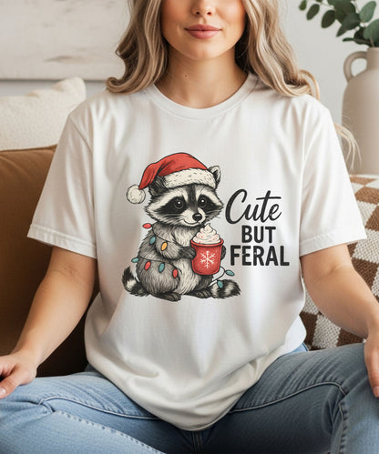 Cute But Feral Christmas Raccoon Vintage Style Design/Christmas Tee/Holiday Top/womenswear