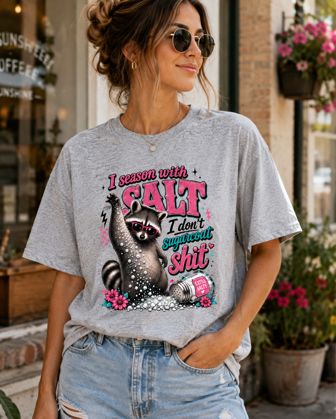 I Season with Salt I don't Sugarcoat sh*t-Graphic Design everyday funny sarcastic t-shirt/Casual Top/Unisex Fit/Comfy & Cozy Sassy Shirt/Womenswear