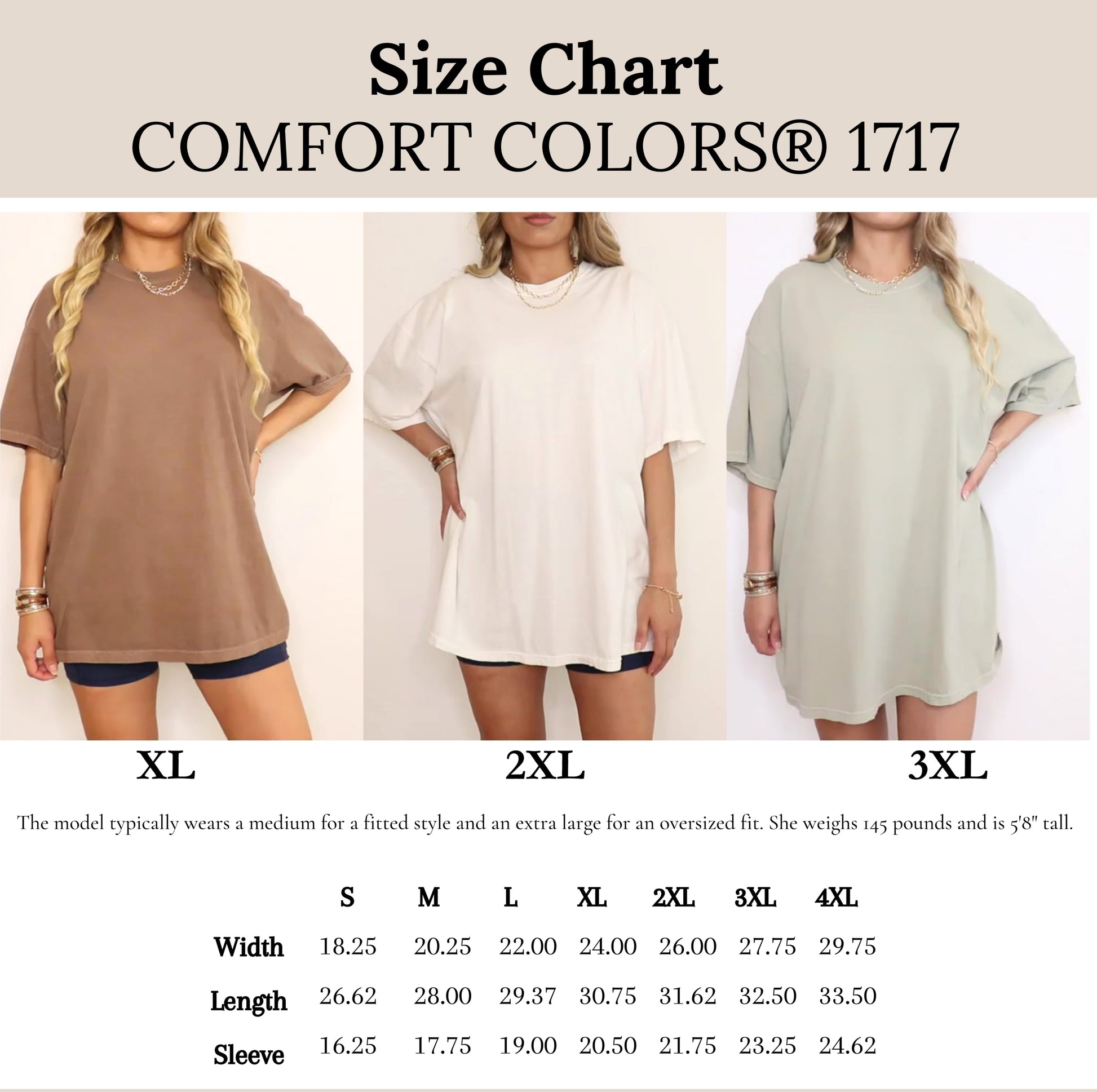 Size chart for Comfort Colors clothing with models wearing different sizes.