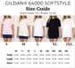 Gildan 64000 Softstyle size guide with models wearing shirts and shorts.