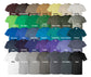 Collection of t-shirts in various colors with labels on a white background
