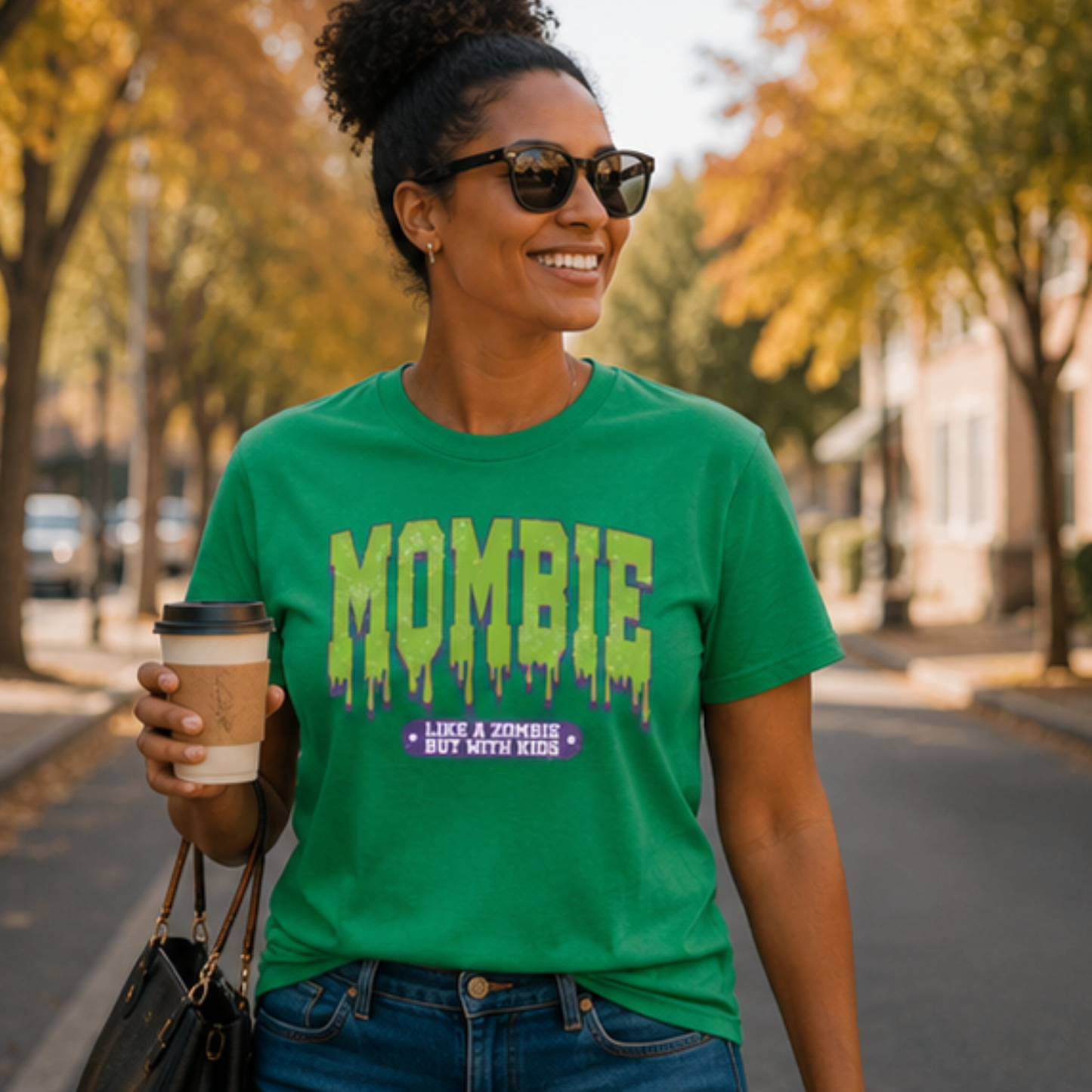 MOMBIE Graphic Design Tee/Comfy/Soft Mom Shirts/Cozy Fall Shirts/Everyday fun mom tees for Halloween