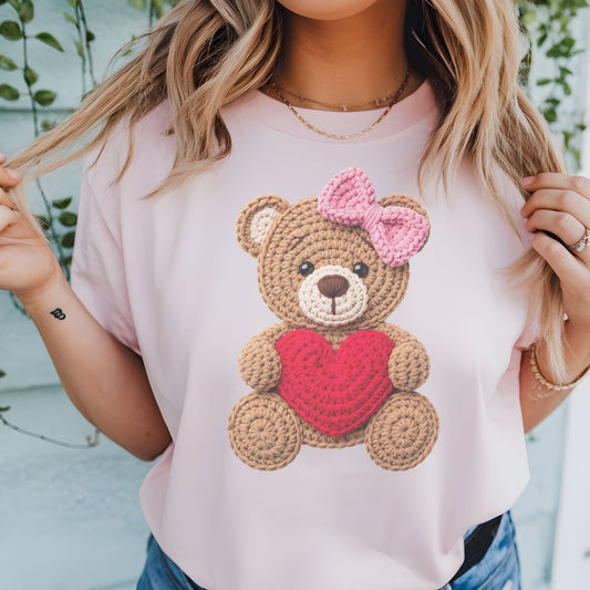 Teddy Bear holding a heart -faux yarn sublimation design