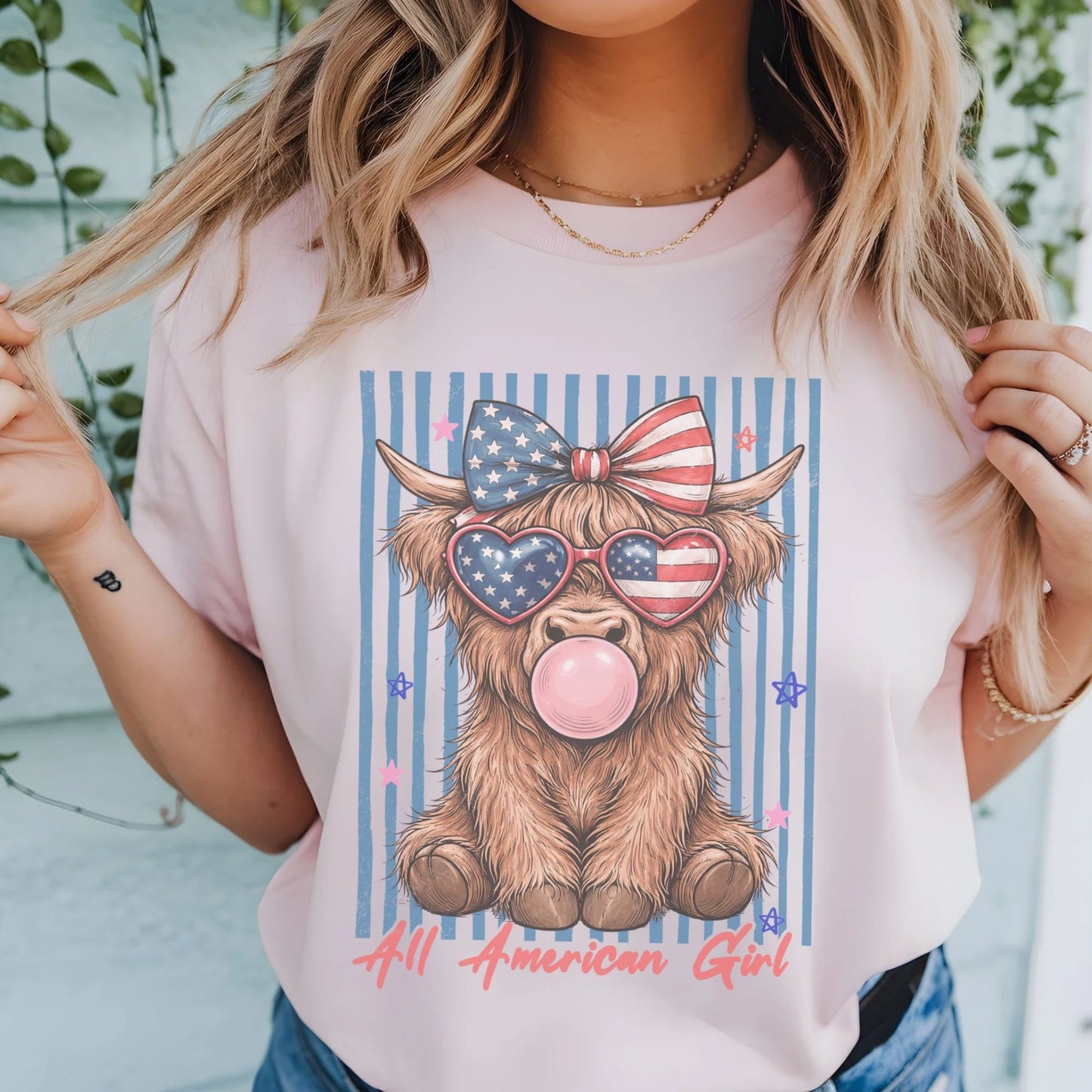 All American Girl Cow-Vintage Style-Sublimation Patriotic Holiday Tee