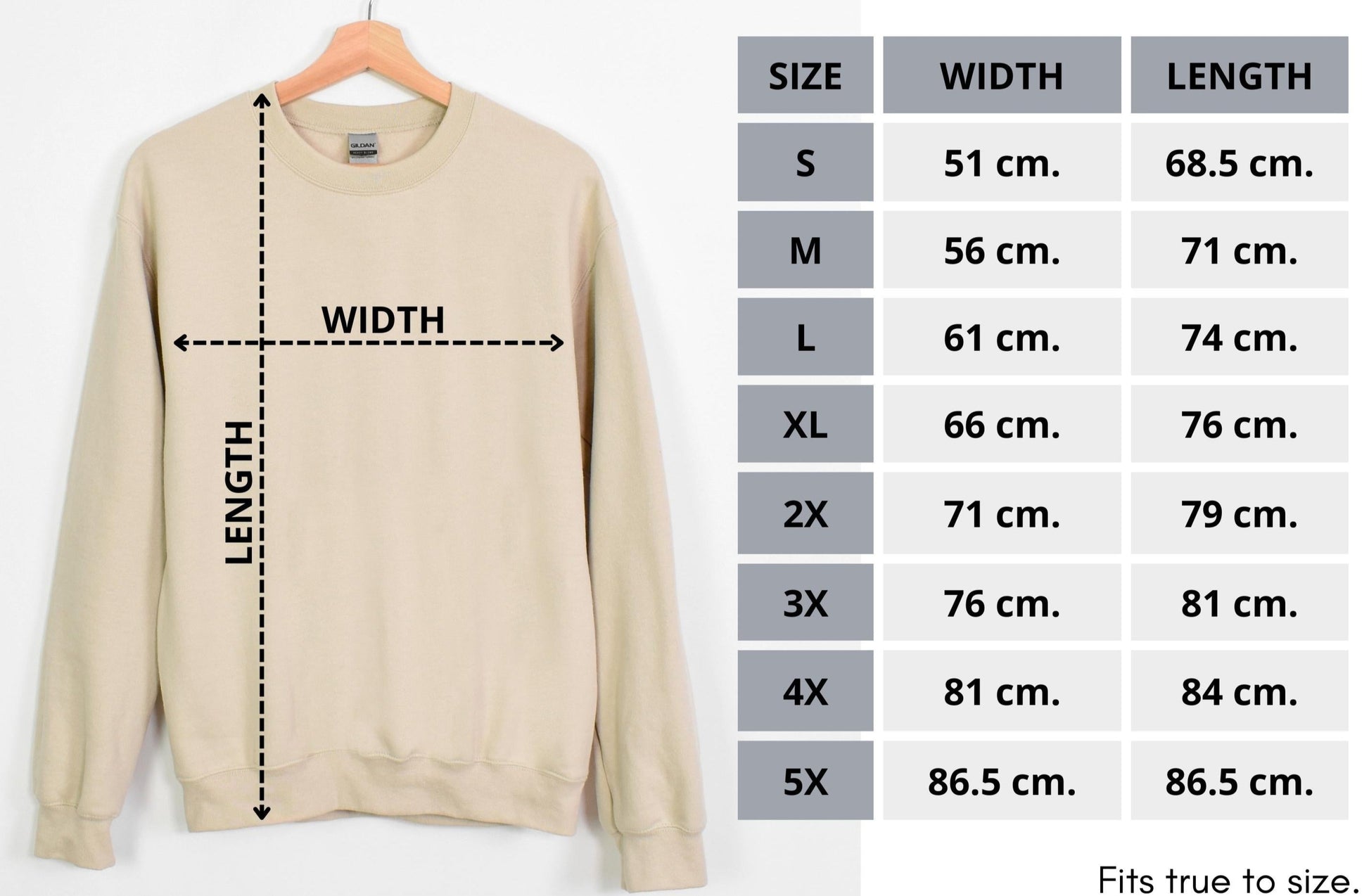 Beige sweatshirt on a hanger with size chart on a white background