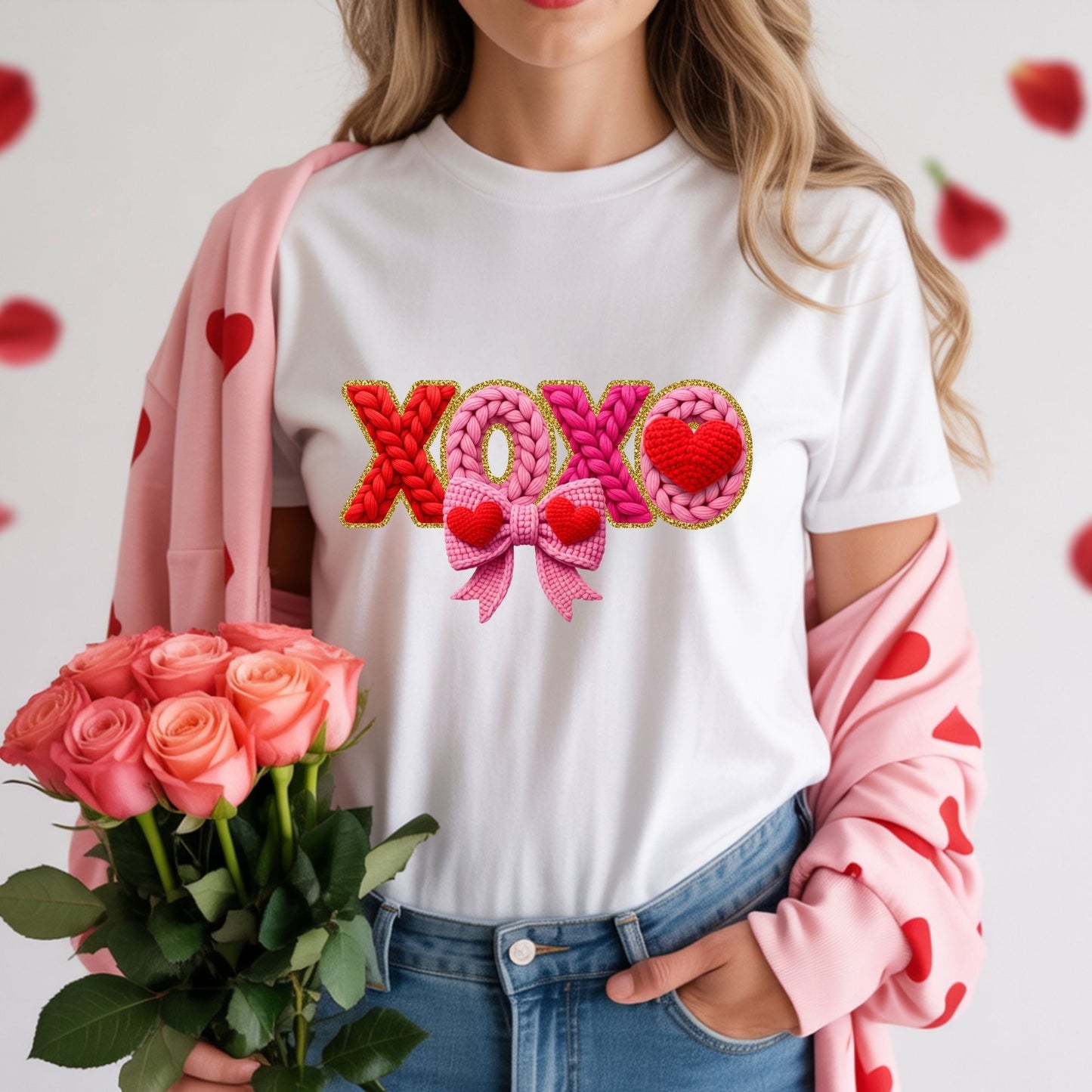 XOXO with bow-faux yarn sublimation design