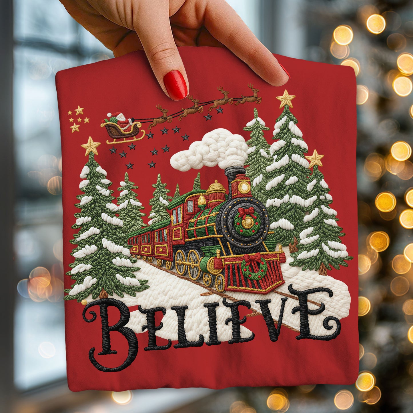 Christmas Train Believe-faux yarn graphic design