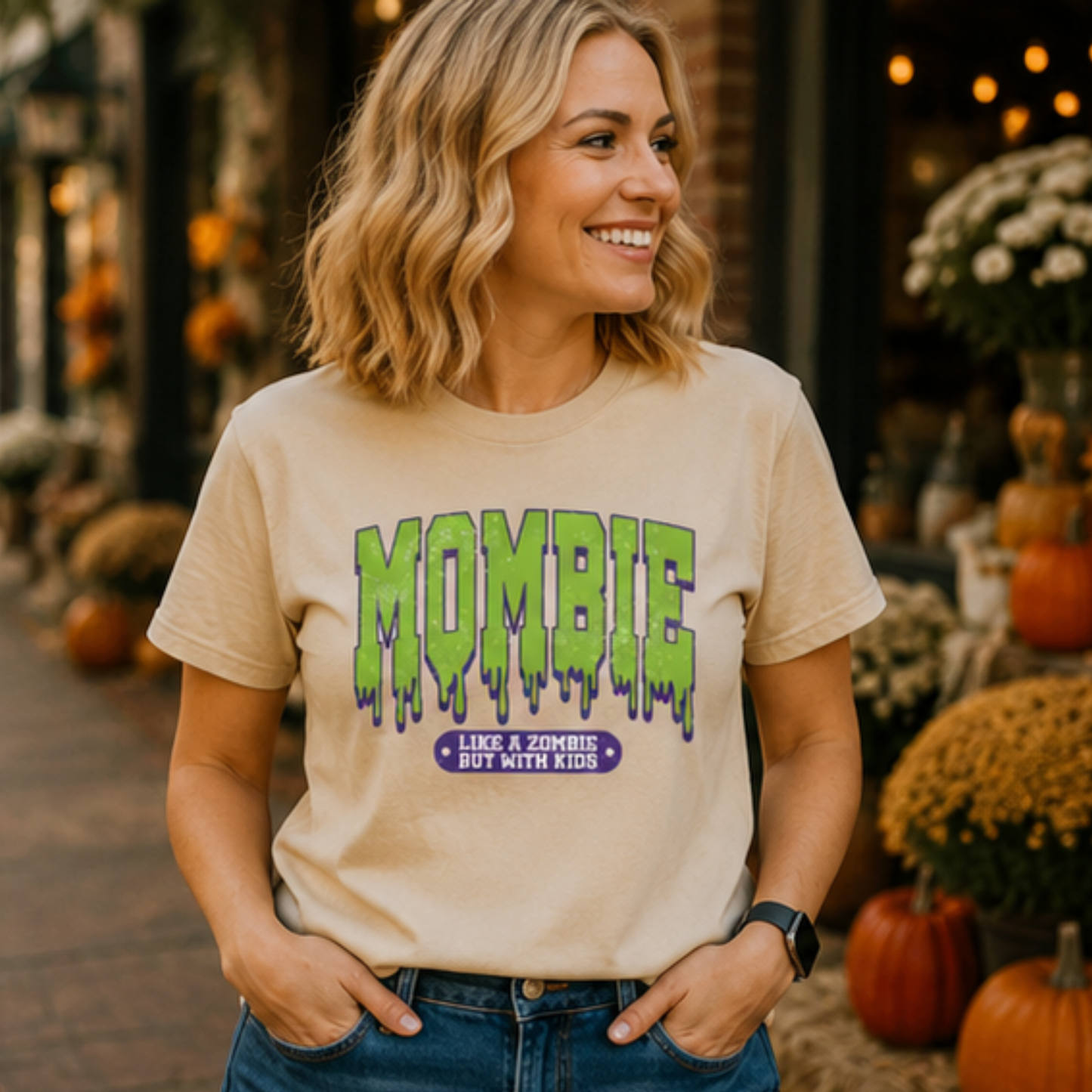 MOMBIE Graphic Design Tee/Comfy/Soft Mom Shirts/Cozy Fall Shirts/Everyday fun mom tees for Halloween