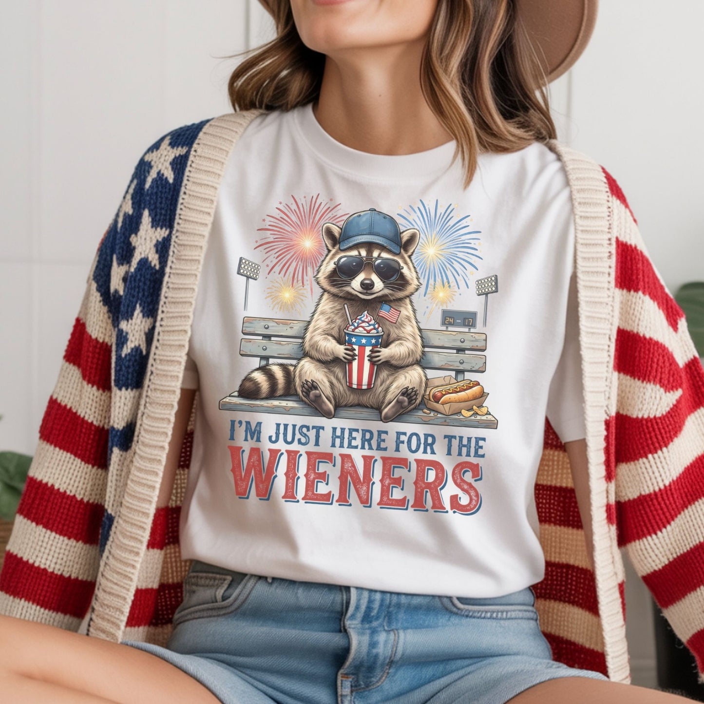 I'm Just Here For The Wieners-Patriotic Raccoon-Sublimation Vintage Style Tee