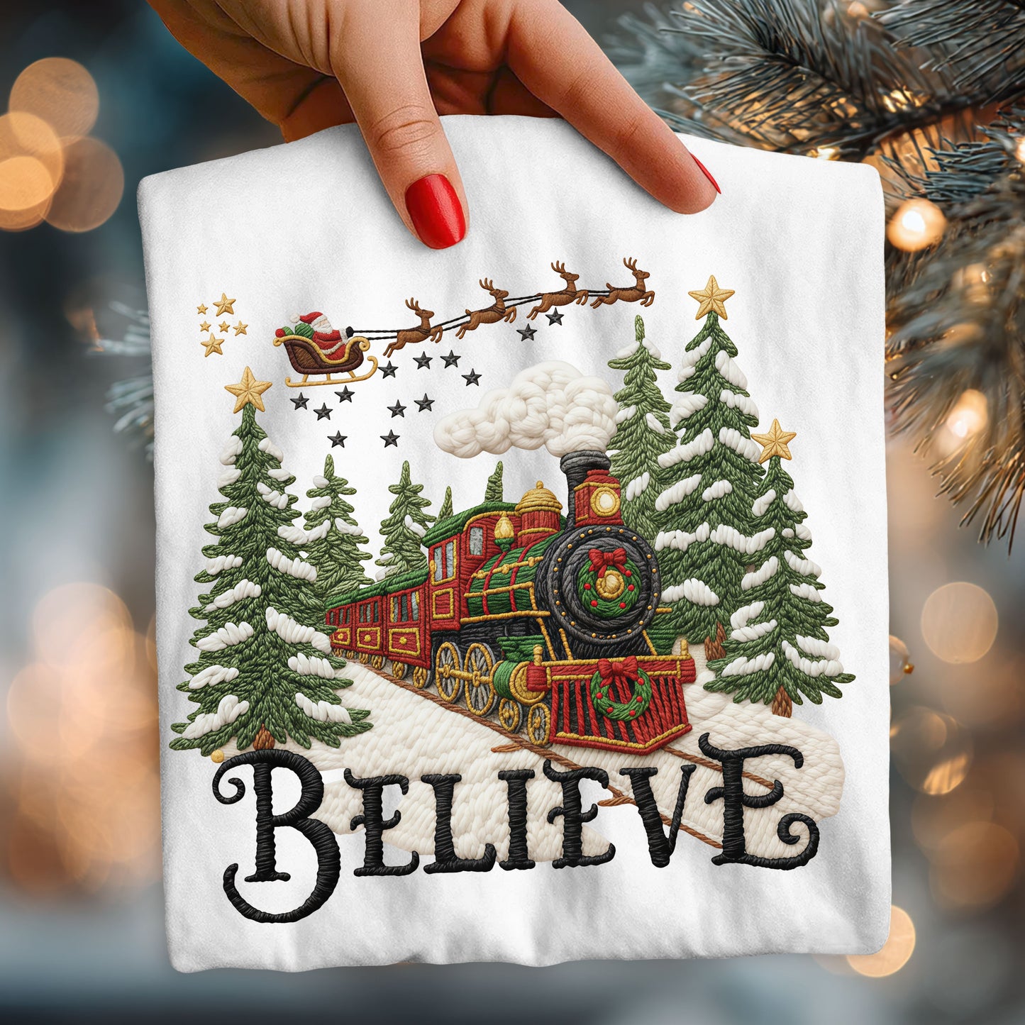 Christmas Train Believe-faux yarn graphic design