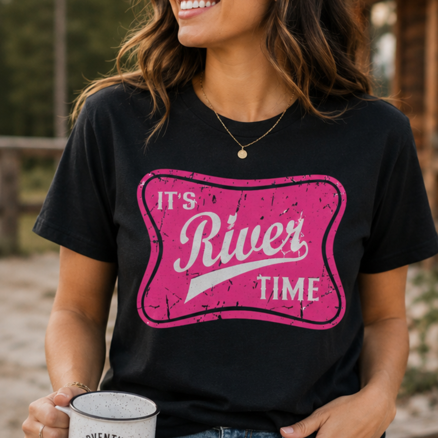 It's River Time Hot Pink Graphic Design-Summertime Tee-Outdoors-Casual everyday wear/Unisex Comfy Top/Fun Tee