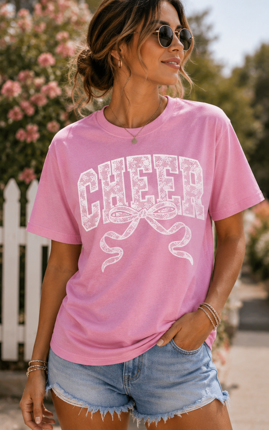Cheer-faux white lace Graphic Design T-Shirt/Casual wear/Sports Tee/Cheer Top/Comfy/Soft tee