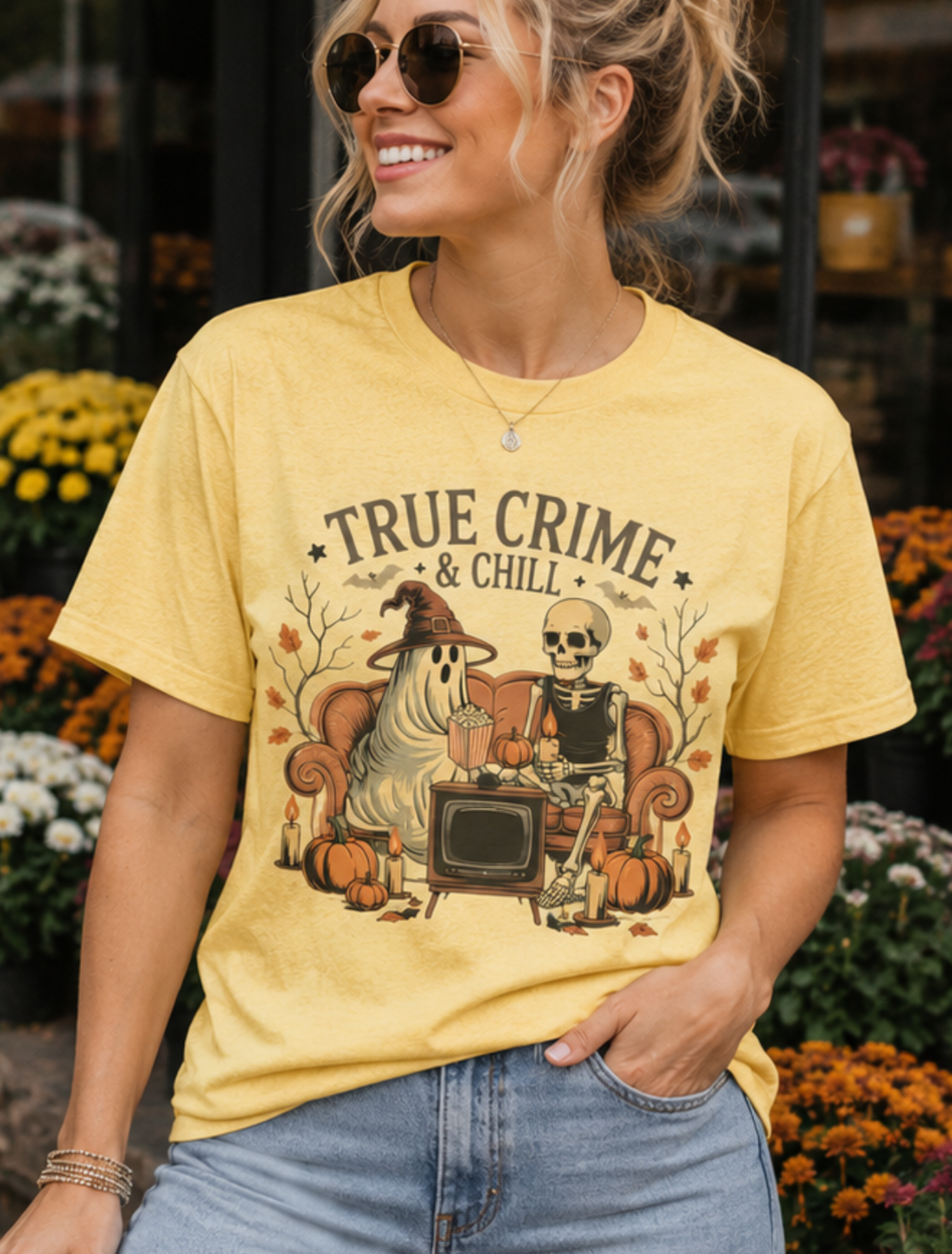 True Crime & Chill Vintage Sublimation Style Design, Ghosts/Skeleton/Halloween Tee/Fall Womenswear Top