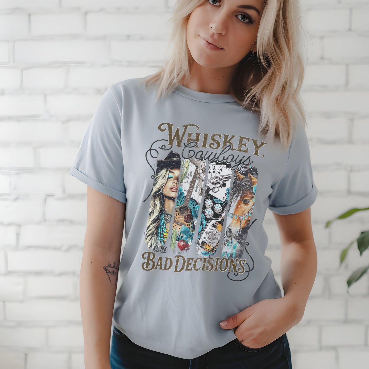 Whiskey, Cowboys and Bad Decisions, Sublimation Vintage Look T-Shirt