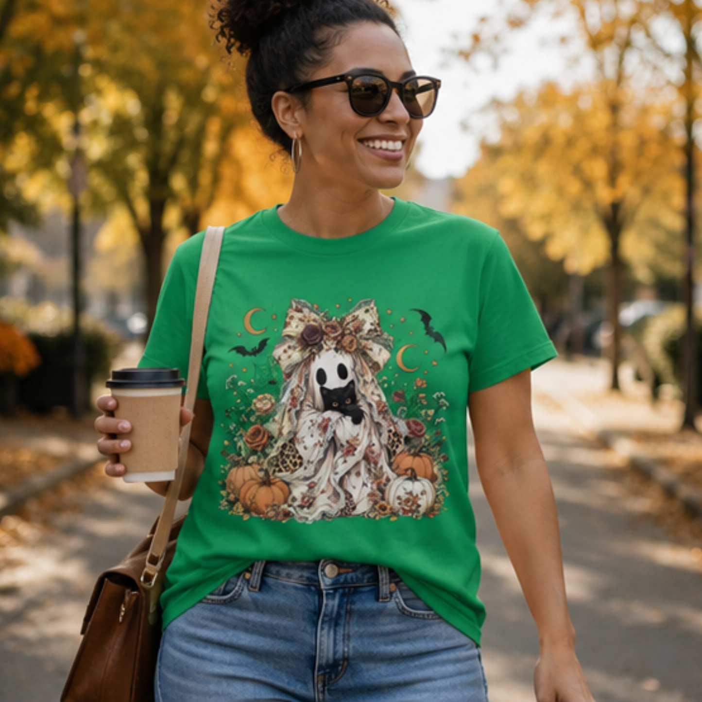 Cute Fall Ghost-Graphic Style Design-Ghost with black cat and pumpkins comfy& soft unisex shirt/everyday wear