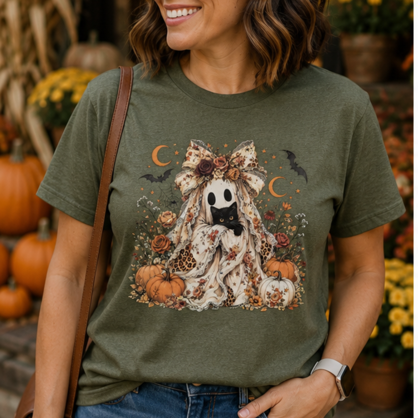 Cute Fall Ghost-Graphic Style Design-Ghost with black cat and pumpkins comfy& soft unisex shirt/everyday wear