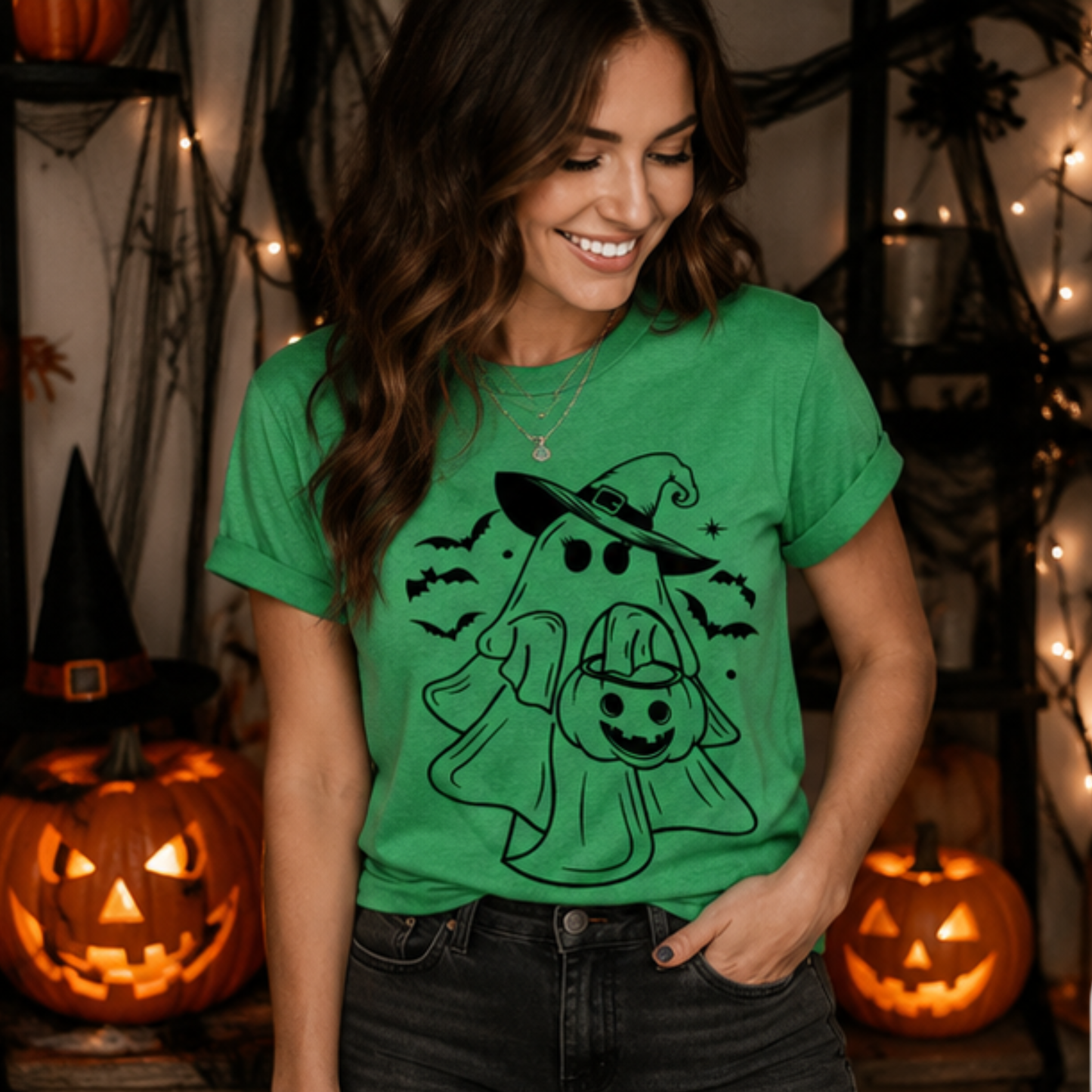 Ghost Witch Halloween Graphic Design-Fun, Comfy T-Shirt, Casual womenswear Holiday top