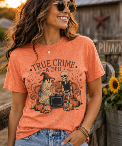 True Crime & Chill Vintage Sublimation Style Design, Ghosts/Skeleton/Halloween Tee/Fall Womenswear Top