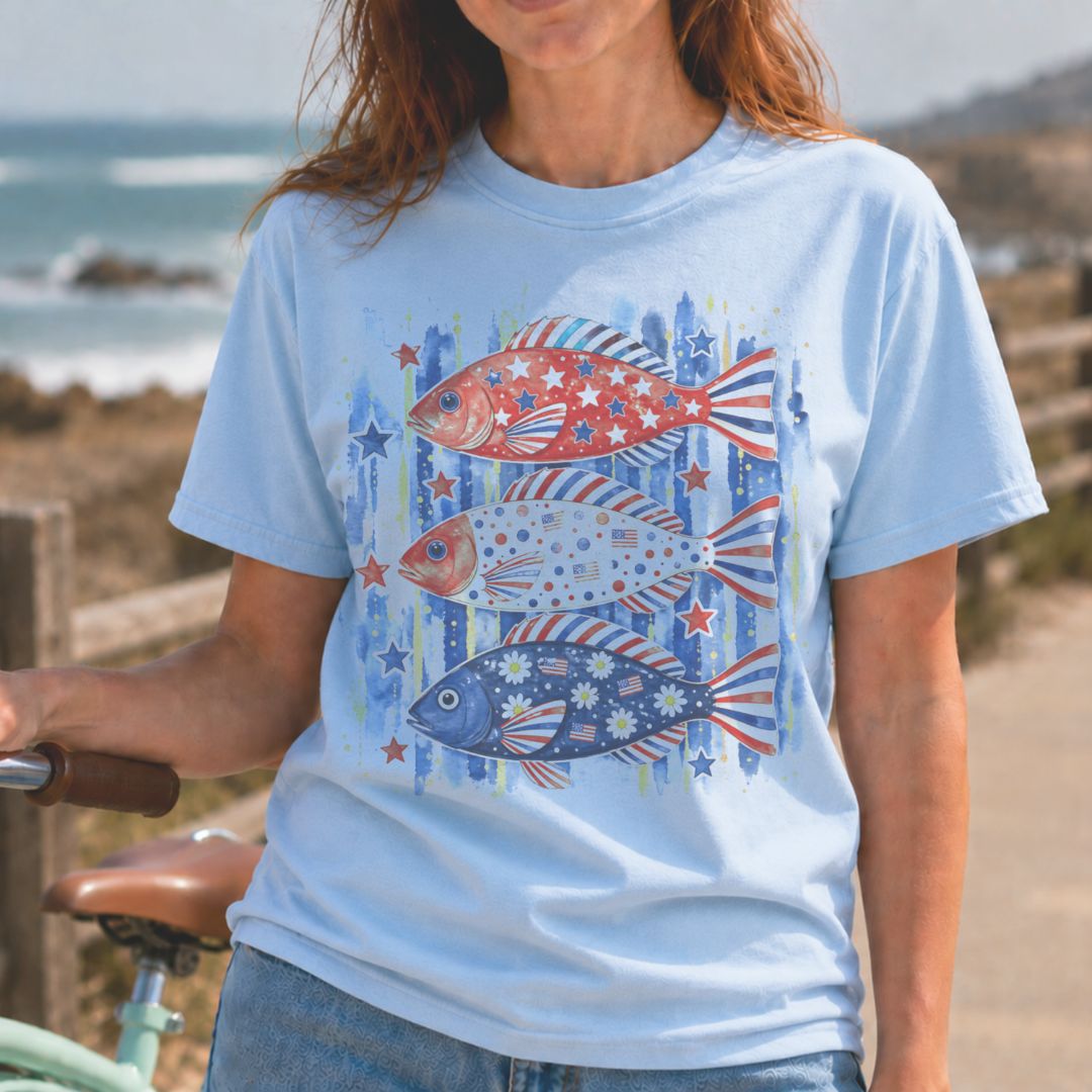 Red, White & Blue Fish-Vintage Style Sublimation Patriotic Tee