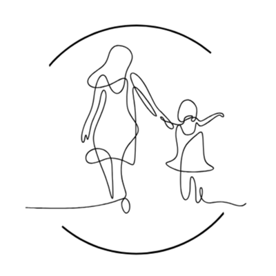 Simple line drawing of a mother and child holding hands on a curved line