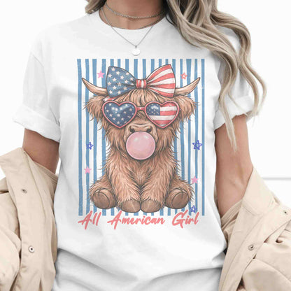 All American Girl Cow-Sublimation Patriotic-Vintage Style-Tee