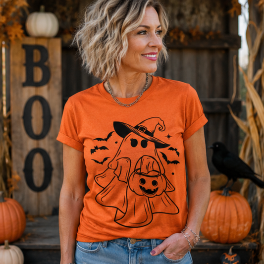 Ghost Witch Halloween Graphic Design-Fun, Comfy T-Shirt, Casual womenswear Holiday top