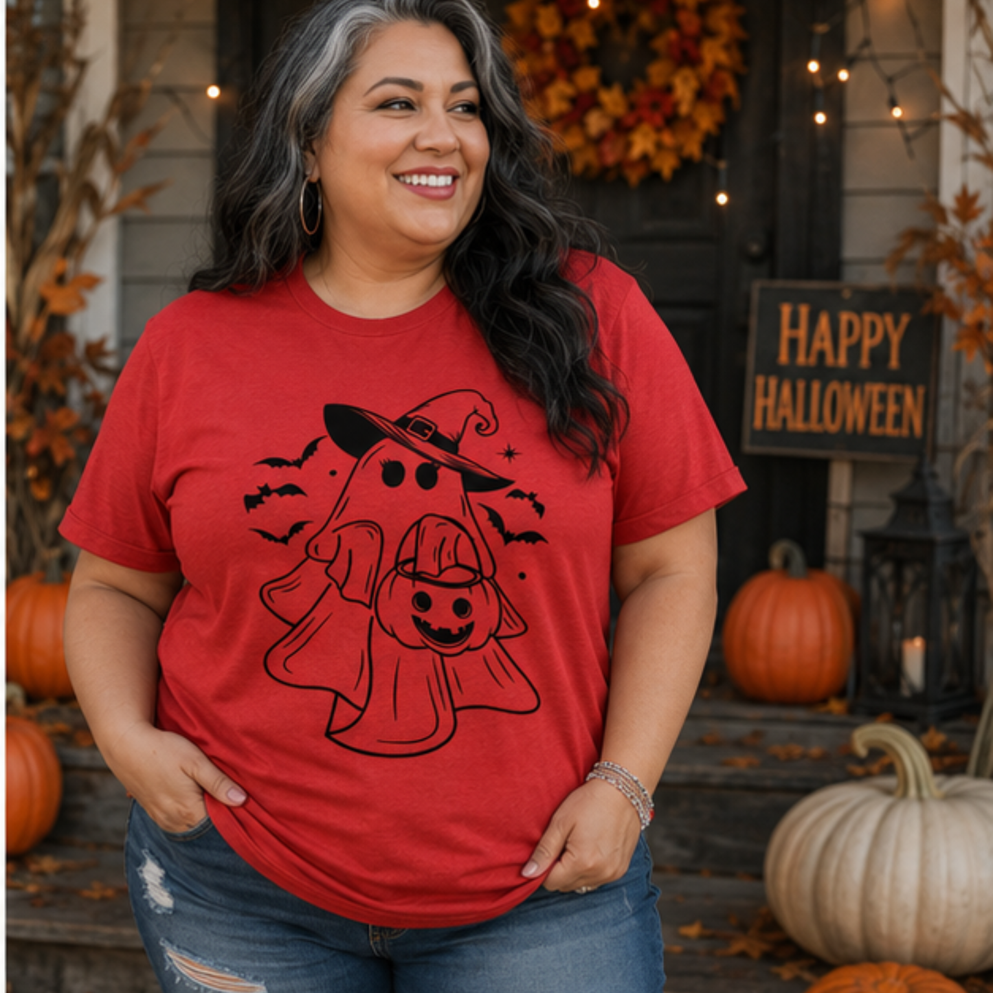 Ghost Witch Halloween Graphic Design-Fun, Comfy T-Shirt, Casual womenswear Holiday top