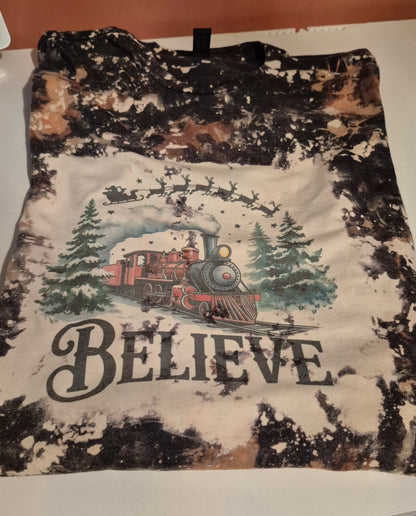 Christmas Train-Believe- Bleached Sublimation Vintage Style Design-Christmas Tops-Casual everyday wear/Holiday Tee