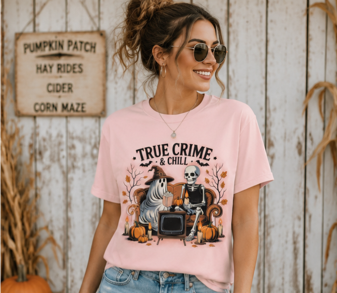True Crime & Chill Tee-Graphic Style Design-Ghost/Skeleton/Comfy-Soft Halloween Tee