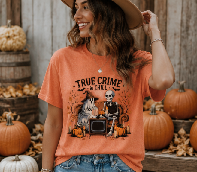 True Crime & Chill Tee-Graphic Style Design-Ghost/Skeleton/Comfy-Soft Halloween Tee