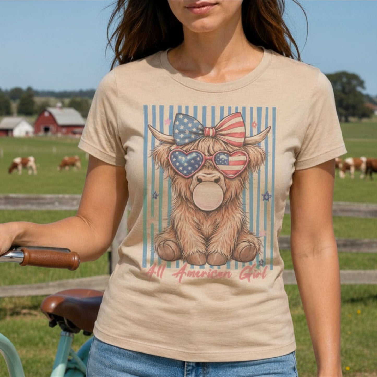 All American Girl Cow-Sublimation Patriotic-Vintage Style-Tee
