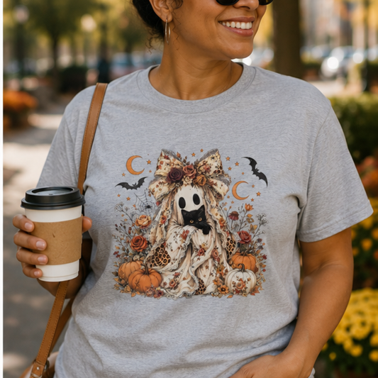 Cute Fall Ghost-Graphic Style Design-Ghost with black cat and pumpkins comfy& soft unisex shirt/everyday wear
