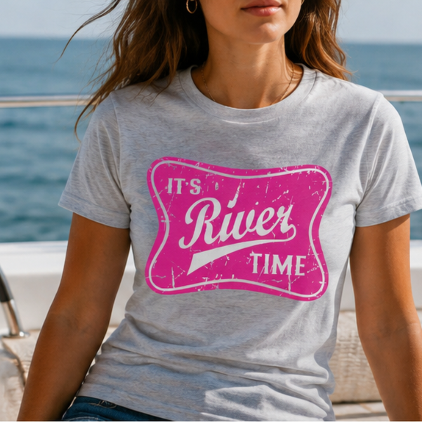 It's River Time Hot Pink Graphic Design-Summertime Tee-Outdoors-Casual everyday wear/Unisex Comfy Top/Fun Tee