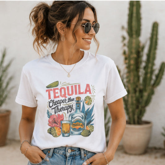 Tequila Cheaper than Therapy-Sublimation Vintage Style-Made to Order- Funny, Comfy, Lightweight T-Shirt