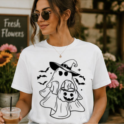 Ghost Witch Halloween Graphic Design-Fun, Comfy T-Shirt, Casual womenswear Holiday top