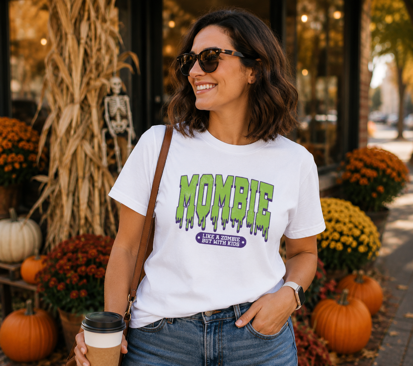 MOMBIE Graphic Design Tee/Comfy/Soft Mom Shirts/Cozy Fall Shirts/Everyday fun mom tees for Halloween
