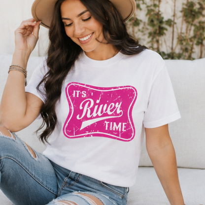 It's River Time Hot Pink Graphic Design-Summertime Tee-Outdoors-Casual everyday wear/Unisex Comfy Top/Fun Tee